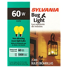 Sylvania 60W A19 Bug Light Bulbs, 2 count