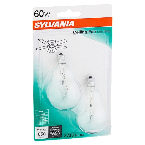 Sylvania 60W A15 Ceiling Fan Light Bulbs, 2 count
Safety Circuit- a special design feature of Sylvania bulbs minimizes arcing at the end of the filament life.
