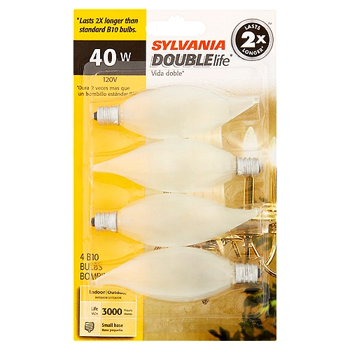 Sylvania Double Life 40W Small Base B10 Bulbs, 4 count
Double life*
* B10 Double Life bulbs have a long 3,000 hour average life, last twice as long with almost as much light output as standard B10 bulbs.

Lasts 2x Longer™*
*Lasts 2x longer than standard B10 bulbs.

Safety Circuit-A special design feature of Sylvania B10 bulbs minimizes arcing at the end of the filament life.