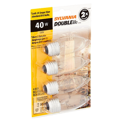 Sylvania Double Life 40W Standard Base B10 Bulbs, 4 count
Double life*
* B10 Double Life bulbs have a long 3,000 hour average life, last twice as long with almost as much light output as standard B10 bulbs.

Lasts 2x longer*
*Lasts 2x longer that standard B10 bulbs.

Safety Circuit-A special design feature of Sylvania B10 bulbs minimizes arcing at the end of the filament life.