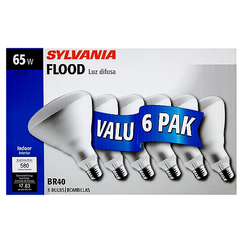 Sylvania 65W BR40 Flood Bulbs, 6 count
Indoor
Light output: 580 lumens
Energy used: 65 watts
Life: 2 000 hours
• To save energy costs, find the bulb with the light output you need, then choose the one with the lowest watts.