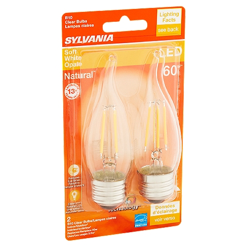 Sylvania Natural LED 60W Soft White B10 Clear Bulbs, 2 count