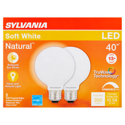 Sylvania Natural LED 40W Soft White G25 Frosted Bulbs, 2 count
