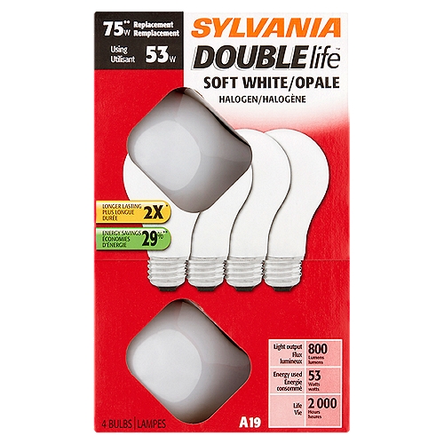 Sylvania Double Life 75W A19 Soft White Halogen Bulbs, 4 count
75**W replacement using 53W
** Compare! Nearly as much light.

Last 2x longer*
*Lasts 2 times longer than standard A19 halogen bulbs.

Energy savings 29%**
** The reduction of wattage from 75W to 53W represents a 29% savings.