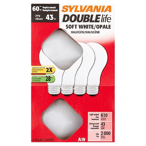 Sylvania Double Life 60W A19 Soft White Halogen Bulbs, 4 count
60**W replacement using 43W
** Compare! Nearly as much light.

Last 2x longer*
*Lasts 2 times longer than standard A19 halogen bulbs.

Energy savings 28%**
** The reduction of wattage from 60W to 43W represents a 28% savings.
