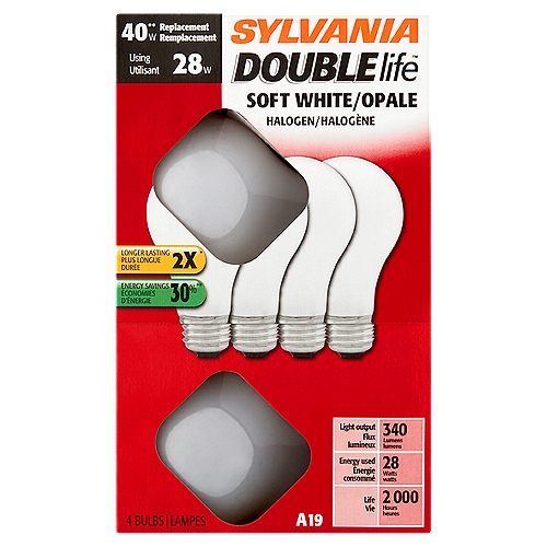 Sylvania Double Life 28W A19 Soft White Halogen Bulbs, 4 count
40w** replacement
** Compare! Nearly as much light.

Energy savings 30%**
**The reduction of wattage from 40W to 28W represents a 30% savings.

Longer lasting 2x*
*Lasts 2 times longer than standard A19 halogen bulbs.

In This Package
A19 Halogen Doublelife
28 watts
340 lumens

A19 Incandescent Doublelife
40 watts
390 lumens