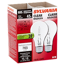 Sylvania Clear Halogen 43W A19 Bulbs, 2 count