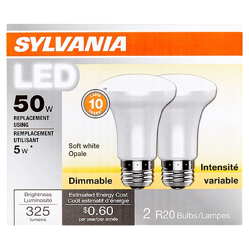 Sylvania LED 50W Soft White R20 Flood Bulbs, 2 count
Lasts 10 years**
**Each bulb saves $54 in energy costs over the average rated life (11,000 hours) of the lamp compared to a 50W R20 incandescent bulb. Based on 11¢/kwh. LED lamp lifetime is defined as the number of hours when 50% of a large group of identical lamps reaches 70% of its initial lumens.
**Saves up to $54
