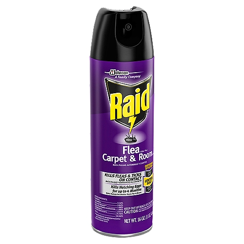 Raid Flea Killer Plus Carpet & Room Spray, 16 oz
Kills Bugs Dead.Raid Max Bed Bug & Flea Killer kills fleas, bed bugs, and their eggs. It sprays two ways with targeted application for hard-to-reach areas and wide coverage for larger surfaces. This formula is non-staining on water-safe fabrics and surfaces.Raid Flea Killer Plus Carpet & Room Spray is designed to battle heavy flea infestations when used in conjunction with other Raid Flea Killer Plus Products. It kills adult fleas on contact and kills hatching eggs for up to four months on carpet and upholstery.

• Kills fleas and ticks on contact
• Kills hatching eggs for up to 4 months
• Non-staining on water-safe fabrics & surfaces
• Also works upside down, making thorough spraying easy
• Wide-angle spray
• See below for full ingredients list and directions