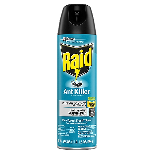 Raid Ant Killer 26, Pine Forest Fresh Scent, 17.5 oz
Raid Ant Killer 26 has a formula that kills on contact and keeps killing with residual action for up to 4 weeks* *Carpenter Ants. Take back your home with this easy to use ant spray. It can be applied to surfaces where ants and other bugs are found. Kills a wide variety of insects including Ants, Roaches, Crickets, Earwigs, Household Spiders, Multi-Colored Asian Lady Beetles, Silverfish, and Stinkbugs.

• Raid Ant kills a wide variety of insects including Ants, Roaches, Crickets, Earwigs, Household Spiders, Multi-Colored Asian Lady Beetles, Silverfish, and Stinkbugs
• Kills on contact and keeps killing with residual action for up to 4 weeks* *Carpenter ants
• Ant spray with no lingering chemical odor
• Easy-to-use ant killer that can be applied to surfaces where bugs infest
• Retreat with ant killer every 4 weeks as necessary to maintain control of indoor surfaces
• Pine Forest Fresh scent
• See below for full ingredients list and directions