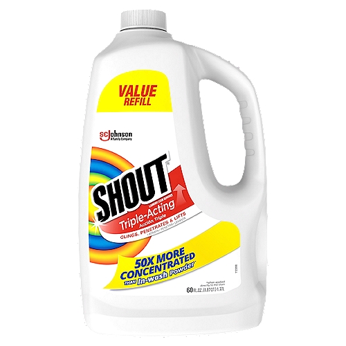 The Shout Triple-Acting Stain Remover Refill is packed with stain-fighting ingredients and enzymes to quickly penetrate, break up and remove tough stains.