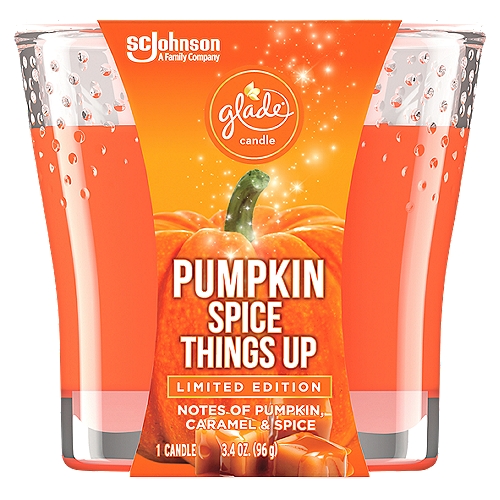 Glade Candle, Small Scented Candle, Pumpkin Spice Things Up, 3.4 oz  
Warm up the mood with Glade Fall Candle Scents. Spice up the air with our Glade candle and Pumpkin Spice Things Up with notes of heirloom pumpkin, spice and sweet caramel: a holiday candle from our Limited Edition Fall Fragrance Collection. Get cozy with the room filling fragrance of our pumpkin candle. Glade is America's #1 selling fall fragrance brand*. Glade candle scents are consciously crafted by master perfumers. Surround yourself with fragrance infused with essential oils and enjoy Glade Fall scented candles*. Claim based on data reported by Nielsen Scantrack in Air Care during Fall season ending December 2020, Total USxAOC. Copyright (c) 2020, The Nielsen Company

• Spice up the air with Pumpkin Spice Things Up, with notes of heirloom pumpkin, spice and sweet caramel
• Enjoy magic moments with fall fragrances from our Limited Edition Fall Fragrance Collection
• Get cozy with the room filling fragrance of our fall scented candles
• Glade is America's #1 selling fall fragrance brand* (*Based on Nielsen® sales data Total USxAOC ending Dec 2020)
• Glade candle fragrance is consciously crafted by master perfumers and infused with essential oils