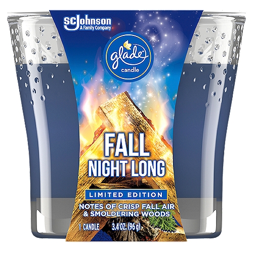 Glade Fall Night Long Candle Limited Edition, 3.4 oz
These limited edition fall scented candles are a great way to add a little glam, allure and excitement to any party with fall scents. The Glade Holiday Spirit Collection is a range of limited-time-only Glade scents (fall scents and Christmas scents) that will get you in the mood to put on your party hat. 

• Stir up the season with Fall Night Long small candles, a limited edition fragrance from the Glade Holiday Spirit Collection
• Enjoy party vibes with a warm fragrance that blends crisp fall air, warm campfire and dry cedar to create an alluring mood for festive fun; the fragrance of this woodsy scented candle is crafted by master perfumers and infused with essential oils
• Spark joy with a holiday candle fragrance that brings you all the glam, allure, and excitement of a festive party
• Great as gift ideas, these fragrance candles can be added to a Christmas candle gift set or any other festive candles gift set
• Glade is America's #1 selling fall fragrance brand