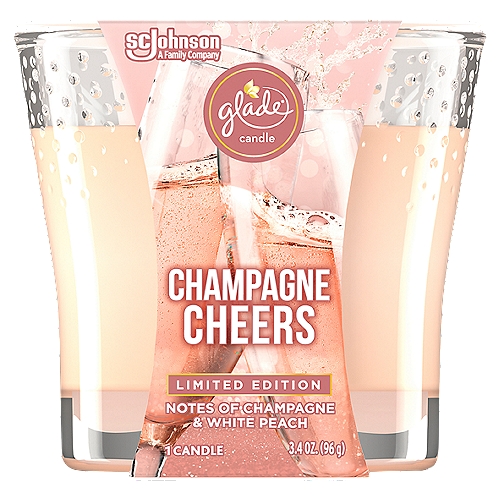 Glade Champagne Cheers Candle Limited Edition, 3.4 oz
Stir up the season with Marshmallow Irish Cream Glade 3 wick scented candles. Glade Marshmallow Irish Cream glass candle surround you in the sweet fragrant vibes of a yummy holiday drink that marries rich Irish cream with the addictive flavor of toasted marshmallow. The Glade Holiday Spirit Collection is a range of limited-time-only Glade scents that will get you in the mood to put on your party hat.

• Enjoy party vibes with a fragrance that blends rich cream and toasted marshmallow to create an alluring mood for festive fun; the fragrance of this marshmallow scented candle is crafted by master perfumers and infused with essential oils
• Spark joy with a room-filling fragrance that brings you all the glam and excitement of a party; this Glade holiday candle fills the room with scent 3x faster
• Great as gift ideas, these fragrance candles can be added to a Christmas candle gift set or any other festive candles gift set
• Glade is America's #1 selling holiday fragrance brand