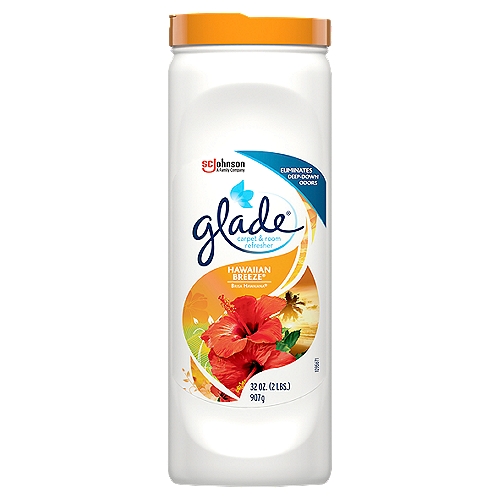 Glade Carpet & Room Refresher, Hawaiian Breeze, 32 oz
Keep your floors at their most lovable with Glade Carpet & Room. Eliminate deep down odors on carpets and rugs, and freshen your home with a variety of Glade fragrances to ensure you always have something soft and loving to welcome you home. Say “Aloha'' to an instant vacation with Glade Hawaiian Breeze. When cool ocean winds meet the scent of fragrant tropical fruits, pineapple, and plumeria, you won't even have to leave the neighborhood to get lost in paradise.

• Eliminates deep-down odors and freshens your living room, bedroom, and den
• Specially formulated carpet deodorizer fights even the toughest cooking, pet, smoke, dampness and mildew odors
• Easy to use. Simply sprinkle the powder evenly over the carpet and vacuum thoroughly for a clean, fresh scent in minutes
• Also for use on upholstery, automobile interiors, and drapes

Facts You Can Feel Good about™
• Product not formulated with phthalates