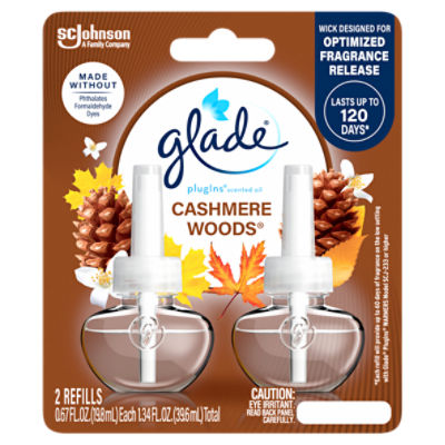 Glade PlugIns Scented Oil Refill Cashmere Woods, Essential Oil Infused Wall, 1.34 oz, Pack of 2