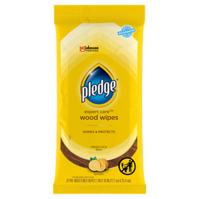 Pledge® Wood Wipes, Expert Care™, Lemon Scent, Cleaner Wipes, 24 PC