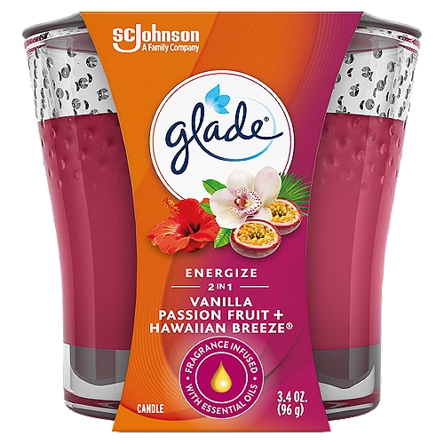 Glade 2 in 1 Energize Vanilla Passion Fruit + Hawaiian Breeze Candle, 3.4 oznTake an island hop with 2 in 1 Energize Vanilla Passion Fruit & Hawaiian Breeze single wick candle. Glade's jar candles fragrance is crafted by master perfumers with notes of passion fruit, creamy vanilla and coconut water artfully paired with ripe pineapple, hibiscus, and peach nectar. Take yourself on an instant vacay and enjoy small scented candles made without phthalates, parabens or formaldehyde. Discover the power of fragrant candles in Energize Vanilla Passion Fruit & Hawaiian Breeze fragrance. Enjoy doubly delightful for double the vacation feeling with Glade's jar candles infused with essential oils.nn• Awaken your senses with the room-filling fragrance of Glade scented candlesn• Energize the room with glass candle jars that are made without phthalates, parabens or formaldehyde and feature a lead-free wickn• Glade fragrance candles are crafted by master perfumers and infused with essential oilsn• Discover the art of scent in our single-wick Glade candles