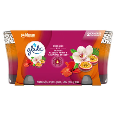 Glade Candle Energize Vanilla Passion Fruit & Hawaiian Breeze 2 in 1 Scent, 1-Wick, 3.4 oz, 2 CT