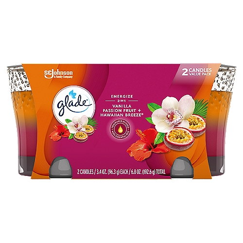 Glade Candle Energize Vanilla Passion Fruit & Hawaiian Breeze 2 in 1 Scent, 1-Wick, 3.4 oz, 2 CT