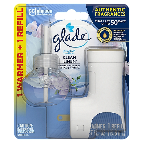 Glade PlugIns Clean Linen Scented Oil Warmer and Refill
Keep it clean with our Glade Clean Linen™ PlugIns air freshener for home. Consciously crafted by master perfumers with notes of crisp air, fresh laundry, and lily of the valley. Let your air add an extra special personal touch to your decorating with our scent diffuser and change the mood with 2x more adjustability (vs. previous Glade warmer). Express your mood with electric oil diffuser in Clean Linen™ fragrance. Simply remove the cap from the refill and insert it into the Glade plug in warmer. Plug the warmer into an outlet and adjust the level of fragrance to create the mood you want.

• Decorate the air with our Glade Plug In air freshener
• Keep it clean with our air freshener dispenser with notes of crisp air, fresh laundry, and lily of the valley
• Glade Plug In Clean Linen™ scented fragrance is consciously crafted by master perfumers and infused with essential oils
• Enjoy up to 50 days of fragrance* with Glade PlugIn Refills (*per refill, on low setting)