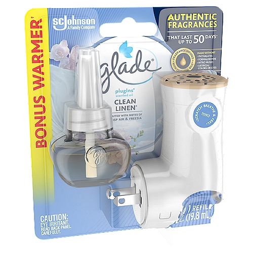 Glade PlugIns Clean Linen Scented Oil Warmer and Refill
Keep it clean with our Glade Clean Linen™ PlugIns air freshener for home. Consciously crafted by master perfumers with notes of crisp air, fresh laundry, and lily of the valley. Let your air add an extra special personal touch to your decorating with our scent diffuser and change the mood with 2x more adjustability (vs. previous Glade warmer). Express your mood with electric oil diffuser in Clean Linen™ fragrance. Simply remove the cap from the refill and insert it into the Glade plug in warmer. Plug the warmer into an outlet and adjust the level of fragrance to create the mood you want.

• Decorate the air with our Glade Plug In air freshener
• Keep it clean with our air freshener dispenser with notes of crisp air, fresh laundry, and lily of the valley
• Glade Plug In Clean Linen™ scented fragrance is consciously crafted by master perfumers and infused with essential oils
• Enjoy up to 50 days of fragrance* with Glade PlugIn Refills (*per refill, on low setting)