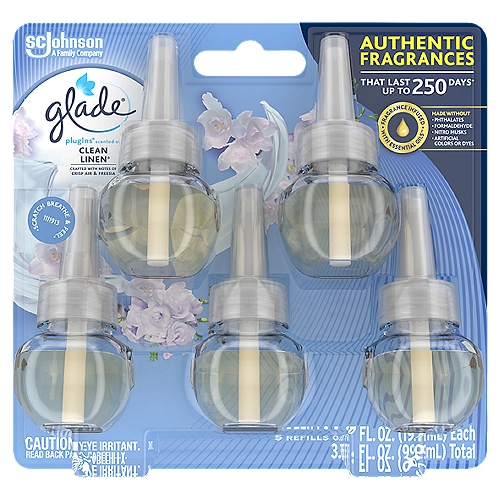 Glade PlugIns Scented Oil Refill Clean Linen, Essential Oil Infused Wall, 3.35 FL ounce, Pack of 5