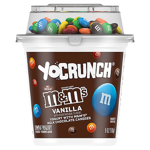 YoCrunch Milk Chocolate M&M's Vanilla Lowfat Yogurt, 6 oz
Make snack time fun with YoCrunch Lowfat Vanilla Yogurt with M&Ms. This lowfat yogurt is deliciously smooth and creamy--and best of all, it comes with M&Ms topping, so you can add a fun crunch to every bite. 

YoCrunch puts snack time in your control: you can sprinkle just the amount of toppings you want, save them for last, or mix everything together for maximum crunch. Either way, YoCrunch is a perfectly portioned, off-the-charts yummy, anytime treat your entire family will love.
In 1985, the YoFarm Yogurt Company embarked on a mission to create a delicious yogurt snack. After a few years of experimenting, we discovered that our yogurt simply isn't complete without a little crunch--and just like that, YoCrunch arrived on the scene. Available in a taste bud-tantalizing range of flavors and toppings, YoCrunch offers a fun snacking experience that the entire family can enjoy.