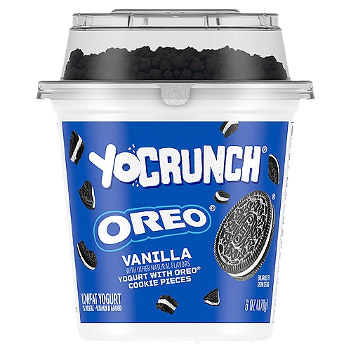 YoCrunch Oreo Cookies 'n Cream Lowfat Yogurt, 6 oz
Good source of calcium*
*Refers to yogurt.

Our yogurt is made with milk from cows not treated with rBST*
*No significant difference has been shown between milk derived from rBST-treated and non-rBST-treated cows.