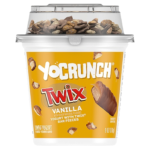 Make snack time fun with YoCrunch Lowfat Vanilla Yogurt with Twix Candy Pieces. This lowfat yogurt is deliciously smooth and creamy--and best of all, it comes with Twix candy pieces topping, so you can add a fun crunch to every bite. 

YoCrunch puts snack time in your control: you can sprinkle just the amount of toppings you want, save them for last, or mix everything together for maximum crunch. Either way, YoCrunch is a perfectly portioned, off-the-charts yummy, anytime treat your entire family will love.
In 1985, the YoFarm Yogurt Company embarked on a mission to create a delicious yogurt snack. After a few years of experimenting, we discovered that our yogurt simply isn't complete without a little crunch--and just like that, YoCrunch arrived on the scene. Available in a taste bud-tantalizing range of flavors and toppings, YoCrunch offers a fun snacking experience that the entire family can enjoy.