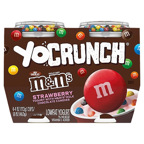 YoCrunch M&M's Milk Chocolate Candies Strawberry Lowfat Yogurt, 4 oz, 4 count
Make snack time fun with YoCrunch Lowfat Strawberry Yogurt with M&Ms. This lowfat yogurt is deliciously smooth and creamy--and best of all, it comes with M&Ms topping, so you can add a fun crunch to every bite. 

YoCrunch puts snack time in your control: you can sprinkle just the amount of toppings you want, save them for last, or mix everything together for maximum crunch. Either way, YoCrunch is a perfectly portioned, off-the-charts yummy, anytime treat your entire family will love.
In 1985, the YoFarm Yogurt Company embarked on a mission to create a delicious yogurt snack. After a few years of experimenting, we discovered that our yogurt simply isn't complete without a little crunch--and just like that, YoCrunch arrived on the scene. Available in a taste bud-tantalizing range of flavors and toppings, YoCrunch offers a fun snacking experience that the entire family can enjoy.