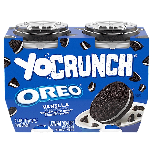 YoCrunch Oreo Cookie Pieces Vanilla Lowfat Yogurt, 4 oz, 4 count
Make snack time fun with YoCrunch Lowfat Vanilla Yogurt with OREO. This lowfat yogurt is deliciously smooth and creamy--and best of all, it comes with OREO pieces topping, so you can add a fun crunch to every bite. 

YoCrunch puts snack time in your control: you can sprinkle just the amount of toppings you want, save them for last, or mix everything together for maximum crunch. Either way, YoCrunch is a perfectly portioned, off-the-charts yummy, anytime treat your entire family will love.
In 1985, the YoFarm Yogurt Company embarked on a mission to create a delicious yogurt snack. After a few years of experimenting, we discovered that our yogurt simply isn't complete without a little crunch--and just like that, YoCrunch arrived on the scene. Available in a taste bud-tantalizing range of flavors and toppings, YoCrunch offers a fun snacking experience that the entire family can enjoy.