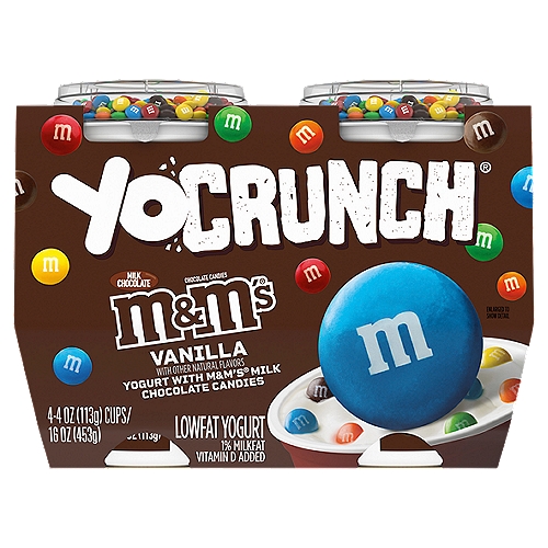 YoCrunch Milk Chocolate M&M's Vanilla Lowfat Yogurt, 4 oz, 4 count
Make snack time fun with YoCrunch Lowfat Vanilla Yogurt with M&Ms. This lowfat yogurt is deliciously smooth and creamy--and best of all, it comes with M&Ms topping, so you can add a fun crunch to every bite. 

YoCrunch puts snack time in your control: you can sprinkle just the amount of toppings you want, save them for last, or mix everything together for maximum crunch. Either way, YoCrunch is a perfectly portioned, off-the-charts yummy, anytime treat your entire family will love.
In 1985, the YoFarm Yogurt Company embarked on a mission to create a delicious yogurt snack. After a few years of experimenting, we discovered that our yogurt simply isn't complete without a little crunch--and just like that, YoCrunch arrived on the scene. Available in a taste bud-tantalizing range of flavors and toppings, YoCrunch offers a fun snacking experience that the entire family can enjoy.