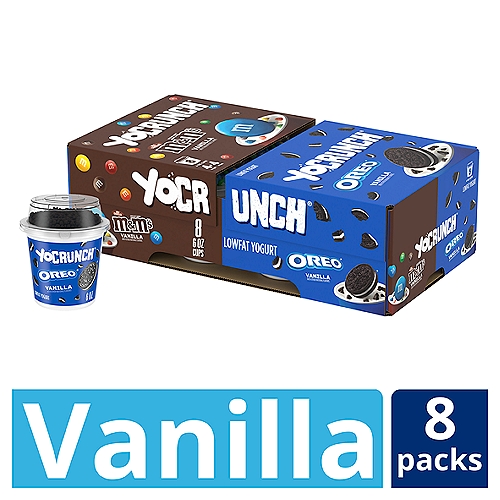 Make snack time fun with YoCrunch Lowfat Vanilla Yogurt with OREO and M&Ms. This lowfat yogurt is deliciously smooth and creamy--and best of all, it comes with OREO pieces and M&Ms topping, so you can add a fun crunch to every bite. 

YoCrunch puts snack time in your control: you can sprinkle just the amount of toppings you want, save them for last, or mix everything together for maximum crunch. Either way, YoCrunch is a perfectly portioned, off-the-charts yummy, anytime treat your entire family will love.
In 1985, the YoFarm Yogurt Company embarked on a mission to create a delicious yogurt snack. After a few years of experimenting, we discovered that our yogurt simply isn't complete without a little crunch--and just like that, YoCrunch arrived on the scene. Available in a taste bud-tantalizing range of flavors and toppings, YoCrunch offers a fun snacking experience that the entire family can enjoy.