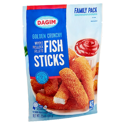 Dagim Golden Crunchy Whole Pollock Fillets Fish Sticks Family Pack, 42 count, 25 oz