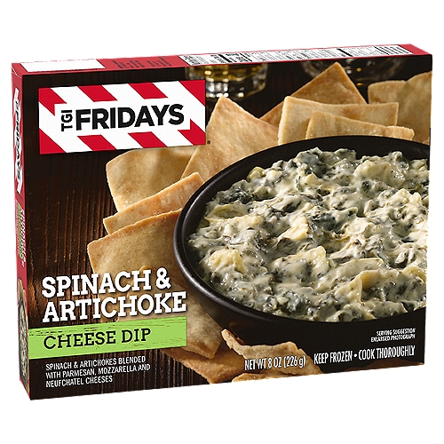 TGI Fridays Spinach & Artichoke Cheese Dip Frozen Snack, 8 oz Box
Enjoy your TGI Fridays menu favorites at home with our easy restaurant style appetizers. Ready to heat in a snack-size container, TGI Fridays Spinach & Artichoke Cheese Dip is a quick and delicious appetizer or party food that's great paired with pita chips, pita bread or tortilla chips. Our TGIF cheese dip is made with spinach and artichokes blended with parmesan, mozzarella and Neufchatel cheeses. Ready in five minutes, each microwavable tray of frozen spinach dip comes packaged inside the box to keep it protected. Store our 8-ounce box of spinach dip in the freezer until ready to prepare. Whether you're craving spinach artichoke dip, chicken bites and wings, potato skins, mozzarella sticks, sliders or jalapeno poppers, TGI Fridays has frozen appetizers the whole family will enjoy. 

• One 8 oz. box of TGI Fridays Frozen Appetizers Spinach & Artichoke Cheese Dip, containing about 8 servings
• TGI Fridays spinach artichoke dip is a quick appetizer that's simple to prepare
• Delicious dip comes in a snack-size container for easy heating
• Our TGIF cheese dip is made with spinach and artichokes blended with parmesan, mozzarella and Neufchatel cheeses
• Ideal as an easy appetizer or party food
• Ready in five minutes, our frozen spinach dip is packaged in a microwavable tray
• Store in the freezer until ready to prepare
• TGI Fridays offers a variety of appetizers such as spinach artichoke dip, chicken bites and wings, potato skins, mozzarella sticks, sliders and jalapeno poppers that the whole family will enjoy

Spinach & Artichokes Blended with Parmesan, Mozzarella and Neufchatel Cheeses