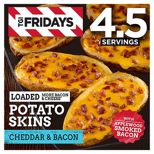 Enjoy your TGI Fridays menu favorites at home with our easy restaurant style appetizers. Ready to heat, TGI Fridays Loaded Cheddar & Bacon Potato Skins are a quick and delicious appetizer or party food. Our TGIF loaded potato skins are stuffed with cheddar cheese and applewood smoked bacon. Packaged in a box for convenient storage, our potato skins heat quickly in the oven. Store our 13.5-ounce box of potato skins in the freezer until ready to prepare. Whether you're craving potato skins, spinach artichoke dip, chicken bites and wings, mozzarella sticks, sliders or jalapeno poppers, TGI Fridays has frozen appetizers the whole family will enjoy.nn• One 13.5 oz. box of TGI Fridays Frozen Appetizers Loaded Cheddar & Bacon Potato Skins, containing about 4.5 servingsn• TGI Fridays Loaded Cheddar and Bacon Potato Skins are a quick appetizer that's simple to preparen• Ready to heat in your ovenn• Our TGIF loaded potato skins are stuffed with cheddar cheese and applewood smoked baconn• Ideal as an easy appetizer or party foodn• Packaged in a box for convenient storagen• Store in the freezer until ready to preparen• TGI Fridays offers a variety of appetizers such as potato skins, spinach artichoke dip, chicken bites and wings, mozzarella sticks, sliders and jalapeno poppers that the whole family will enjoyn• SNAP & EBT eligible food item