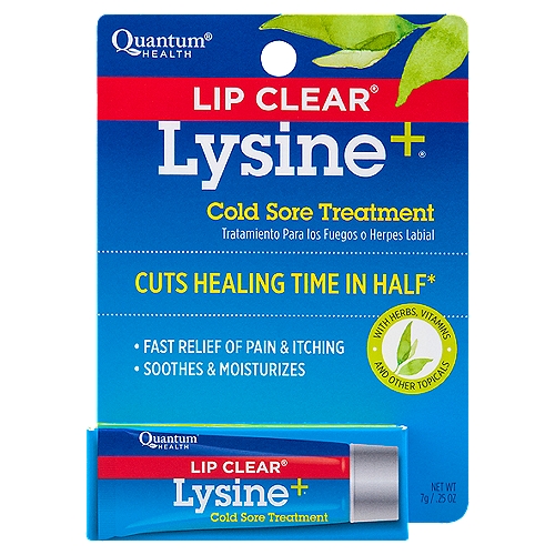 Quantum Health Lip Clear Cold Sore Treatment - 0.25 Oz
Cold Sore Treatment, Lip Clear Cold sore treatment. Cuts healing time in half (Compared to untreated cold sores; Alt. Med. Rev. Vol 10, NO. 2, 2005). Fast relief of pain & itching. Soothes & moisturizes. With herbs, vitamins and other topicals. Lysine plus propolis, olive oil, vitamin E, & 10 other nutrients. Inspire by nature. quantumhealth.com. This box contains 100% recyclable material. This box is 100% recyclable. Sustainable Forestry Initiative: Certified sourcing. www.sfiprogram.org. Other information: Store at room temperature and avoid excessive heat. Close cover tightly after each use.

Cuts Healing Time in Half*
*Compared to untreated cold sores; Alt. Med. Rev. Vol 10, No. 2, 2005

Inspired by Nature™

Drug Facts
Active ingredient - Purpose
Menthol 0.1% - Cold sore / fever blister treatment

Uses
Temporarily relieves tingling, itching, burning, blistering, and pain associated with cold sores/fever blisters.


