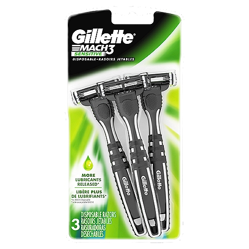 Gillette Mach3 Sensitive Disposable Razors, 3 count
More Lubricants Released*
*vs. Mach3 disposable

Gillette® Mach3® Sensitive Disposable, for an incredibly close and comfortable shave.

Its three blades are positioned progressively to extend gradually closer. For every stroke you take, it takes three. And fewer strokes can mean less irritation.