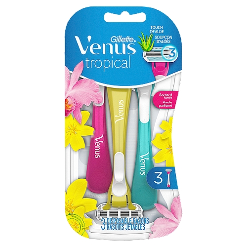 Gillette Venus Tropical Disposable Razors, 3 count
1. 3 blades surrounded by soft protective cushions
2. Pivoting rounded head to fit easily into hard to shave areas
3. Lubrastrip™ with a touch of aloe for glide

Convenient travel cap - perfect for the goddess on the go!