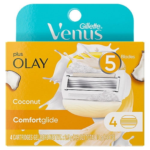 Gillette Venus Comfortglide Plus Olay Coconut Cartridges and Gel Bars, 4 count
Lather, shaves and exfoliates: this is love at first glide
Any Venus refill fits any Venus handle*
*except Simply Venus and Venus for pubic hair and skin