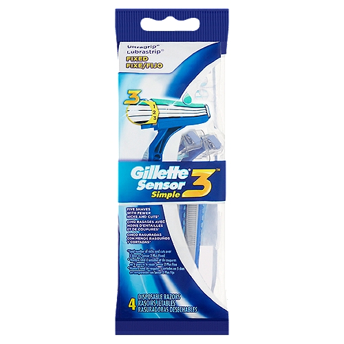 Gillette Sensor 3 Simple Fixed Disposable Razors, 4 count
Five shaves with fewer nicks and cuts*
*Total number of nicks and cuts over 5 days vs. Sensor 2 Plus Fixed