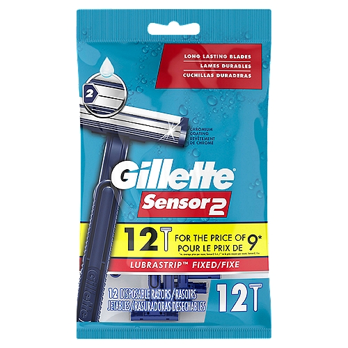 Gillette Sensor2 Fixed Head Men's Disposable Razors, 12 Count
Welcome to the Gillette's Sensor2 family! Looking for a simple yet reliable razor? Gillette has something for you. Gillette Sensor2 provides a comfortable shave for everyone. A great shave is within your grasp with this Gillette Sensor2 Men's Disposable Razor with a fixed, non-pivoting razor head and lubrastrip for glide.  All Sensor2 disposable razors have twin blades that deliver a close, comfortable shave and are coated with chromium to make them last longer, so you don't have to reach for a new one every time you shave. When it comes to blades, two is simply better than one. Gillette's Sensor2 has twin blades that provide you with a close, comfortable shave and let you use the razor that much longer. Also, the Gillette Sensor2 disposable razors don't require any refills; just use and replace when you're ready for a new one.  This Gillette Sensor2 razor pack features a fixed head and water-activated lubrastrip that makes the blades glide smoothly across your skin. This is all to turn shaving into a simple, comfortable experience.  Sensor2 is a simple way to get a great shave!

12 for the Price of 9*
*vs. average price per razor, Sensor2 5 ct.

Lubrastrip™