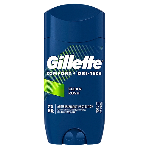 Gillette Comfort + Dry Tech Clean Rush Anti-Perspirant/Deodorant, 3.4 oz
Gillette deodorant for men has one singular-focused goal, and that is to deliver the best a man can get, one swipe at a time. Precision-formulated, Gillette Invisible Solid antiperspirant and deodorant features Dri-Tech technology to provide fast-acting sweat protection—for 72 confident hours. Gillette Invisible Solid is highlighted by a fresh, subtle scent that goes easy on your senses. Engineered with skin care ingredients, Gillette Invisible Solid goes on dry and keeps you dry. Gillette provides the protection you need, so you can be the best man you can be.

Drug Facts
Active ingredient - Purpose
Aluminum zirconium tetrachlorohydrex Gly 19% (anhydrous) - Antiperspirant

Use
Reduces underarm wetness