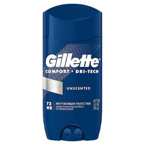 Gillette Antiperspirant Deodorant for Men, Invisible Solid, Unscented , 72 Hr. Sweat Protection, 3.4
Gillette deodorant for men has one singular-focused goal, and that is to deliver the best a man can get, one swipe at a time. Precision-formulated, non-irritant* Gillette Invisible Solid antiperspirant and deodorant features Dri-Tech technology to provide fast-acting sweat protection—for 72 confident hours. Engineered with skin care ingredients, Gillette Invisible Solid goes on dry and keeps you dry. Gillette provides the protection you need, so you can be the best man you can be.
*Clinically shown to be as gentle as water.

Drug Facts
Active ingredient - Purpose
Aluminum zirconium tetrachlorohydrex gly 19% (anhydrous) - Antiperspirant

Use
Reduces underarm wetness