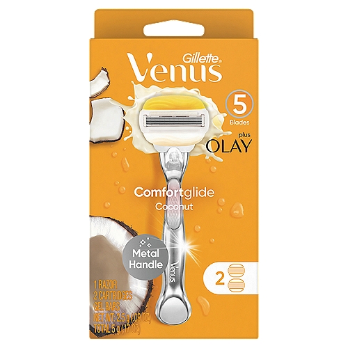 Gillette Venus Comfortglide plus Olay Coconut Women's Razor Handle + 2 Blade Refills
Venus female razor blades are designed with a woman's body in mind. Venus ComfortGlide plus Olay women's razors have 5 blades for a smooth, close shave that lasts. These razor refills come equipped with Olay Moisture Bars that release body butters with a light coconut fragrance, for glide and comfort. With a pivoting design that adjusts to your body's contours. Any Venus blade refill fits any Venus razor handle (except Simply Venus and Venus Pubic Hair Razor).