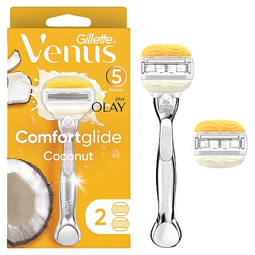 Venus female razor blades are designed with a woman's body in mind. Venus ComfortGlide plus Olay women's razors have 5 blades for a smooth, close shave that lasts. These razor refills come equipped with Olay Moisture Bars that release body butters with a light coconut fragrance, for glide and comfort. With a pivoting design that adjusts to your body's contours. Any Venus blade refill fits any Venus razor handle (except Simply Venus and Venus Pubic Hair Razor).