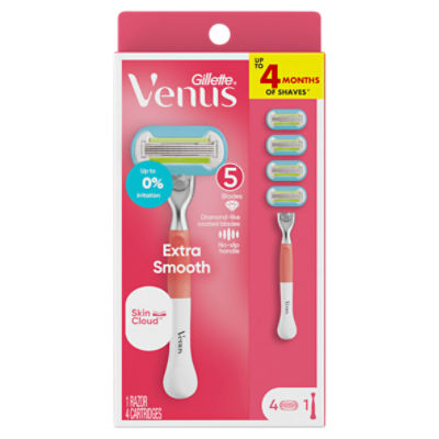 Gillette Venus Extra Smooth Pink Women's Razor Handle + 4 Blade Refills