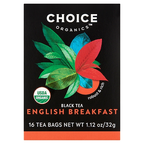 Choice Organics English Breakfast Black Tea Bags, 16 count, 1.12 oz
Bright-eyed. Revived. Deeply full of flavor. This is English Breakfast.
Robust and oh so deliciously rich. Its a bold take on a classic breakfast blend.

Take the time to engage, recharge, and focus on what makes a whole you - one cup of Choice Organics™ tea at a time.