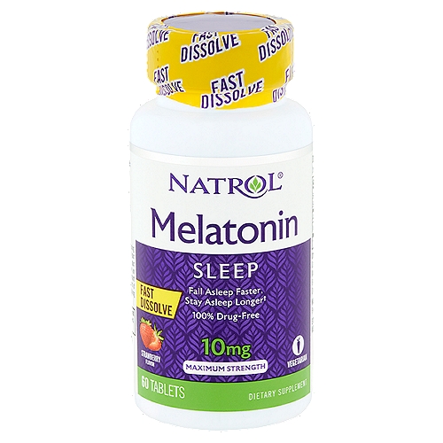 Dietary SupplementnnFall asleep faster, stay asleep longer†nnNatrol® Melatonin 10mg Fast Dissolve:n• Helps establish normal sleep patterns†n• Fast dissolved form - take anytime, anywhere; no water neededn• 100% drug-free and non-habit formingnMelatonin is a nighttime sleep aid for occasional sleeplessness.†n† These statements have not been evaluated by the Food and Drug Administration. This product is not intended to diagnose, treat, cure or prevent any disease.nnNo: milk, egg, fish, crustacean shellfish, tree nuts, peanuts, wheat, soybeans, yeast, preservatives